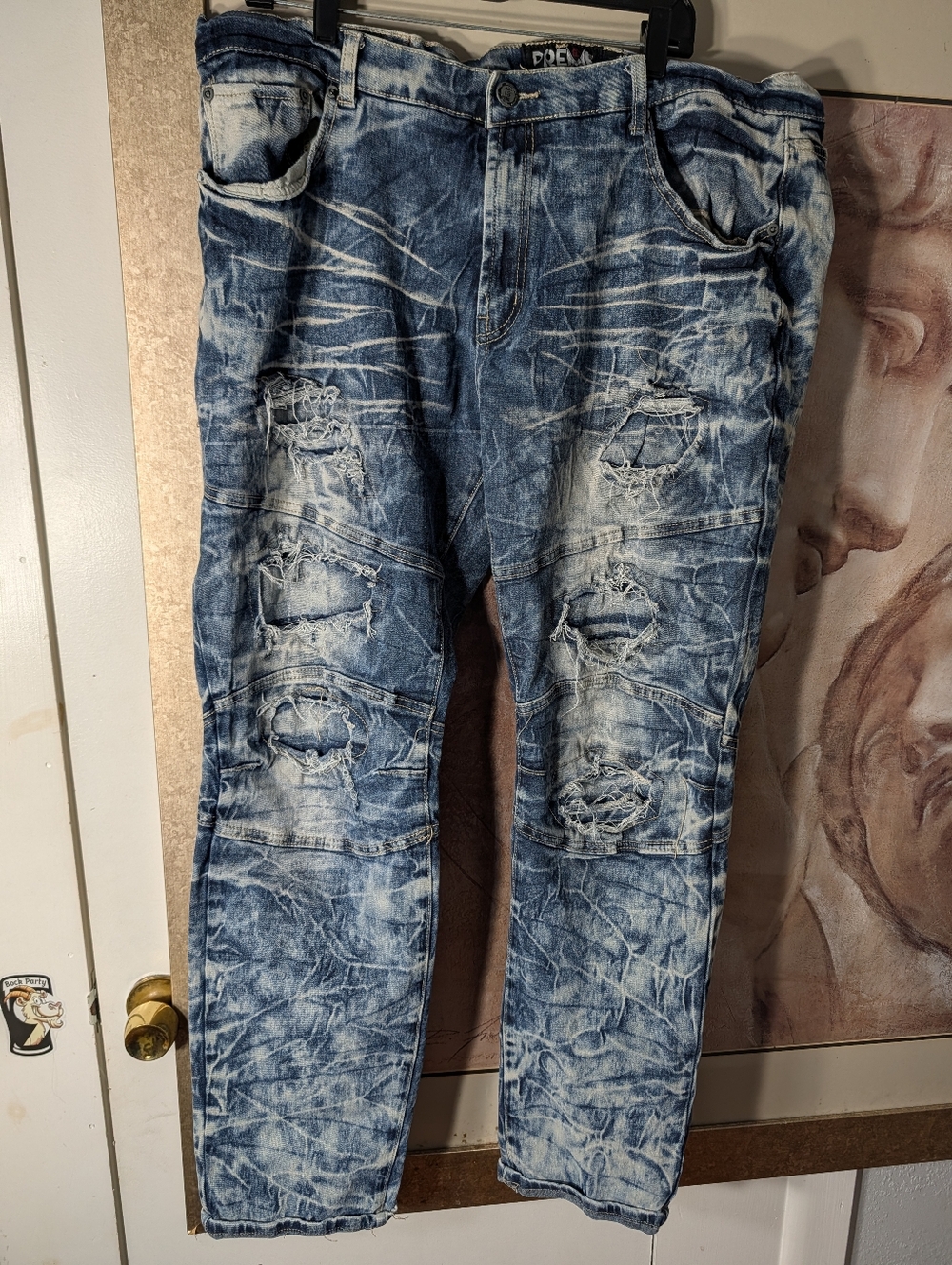 Preme Men's Straight Heavy Distressed Acid-Wash Jeans Size 40W/34L